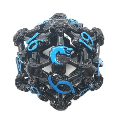 Old School Dice: Hollow Metal D20 Spindown -Skull - Black Nickel with Blue